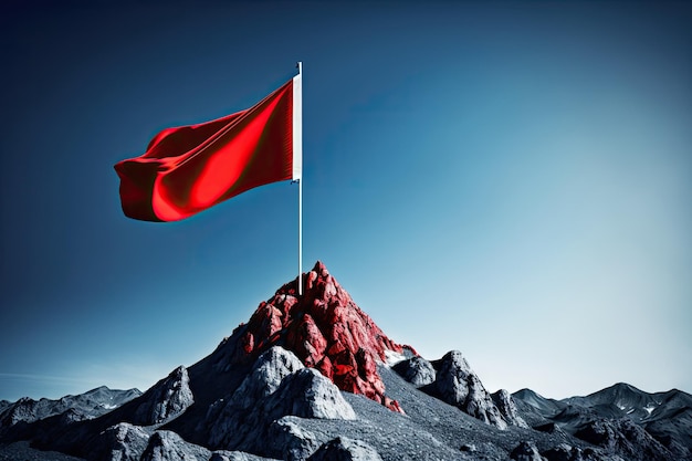 Berggipfel mit roter Flagge vor blauem Himmel, erstellt mit generativer KI