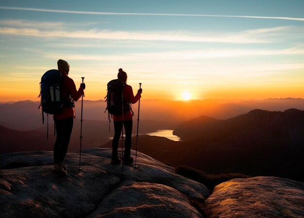 Berggipfel-Trek Wandern Abenteuerwanderer auf der Berggipfel-Silhouette bei Sonnenuntergang