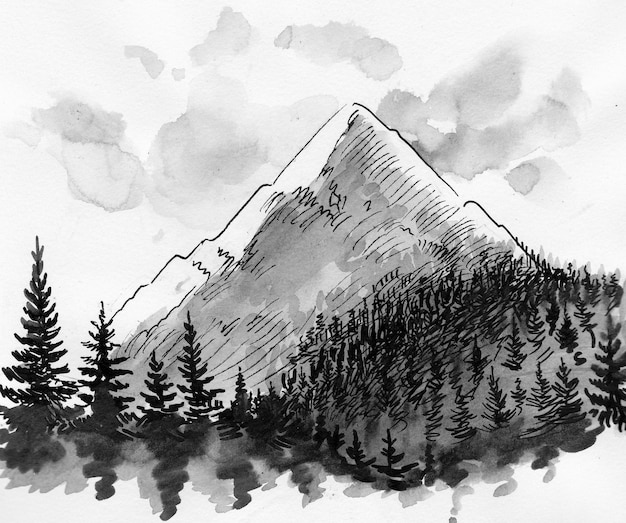 Berggipfel und Wald. Tusche- und Aquarellzeichnung