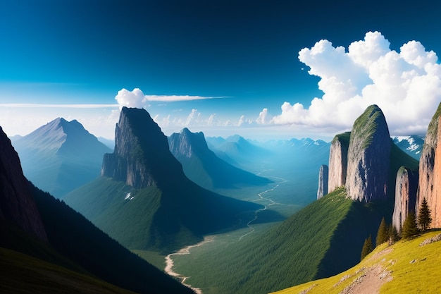 Berggipfel unter blauem Himmel und weißen Wolken, natürliche Landschaft, Hintergrundfotografie