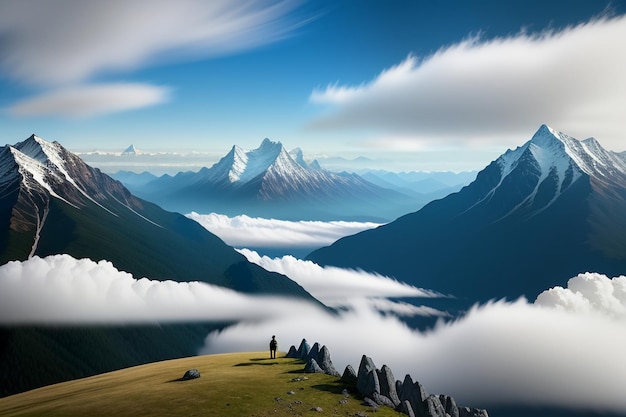 Berggipfel unter blauem Himmel und weißen Wolken, natürliche Landschaft, Hintergrundfotografie