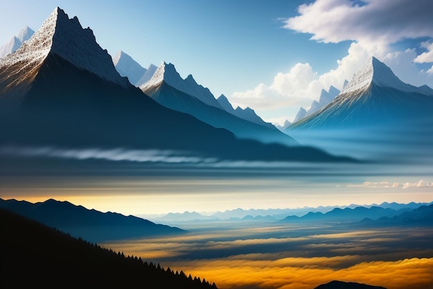 Berggipfel unter blauem Himmel und weißen Wolken, natürliche Landschaft, Hintergrundfotografie