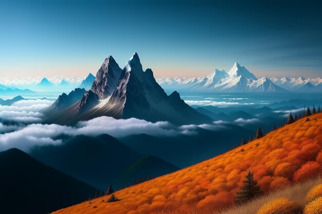 Berggipfel unter blauem Himmel und weißen Wolken, natürliche Landschaft, Hintergrundfotografie