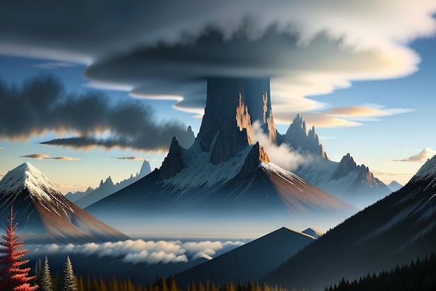 Berggipfel unter blauem Himmel und weißen Wolken, natürliche Landschaft, Hintergrundfotografie