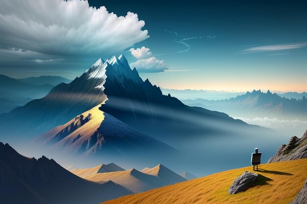 Berggipfel unter blauem Himmel und weißen Wolken, natürliche Landschaft, Hintergrundfotografie