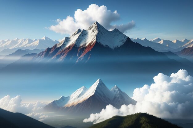 Berggipfel unter blauem Himmel und weißen Wolken, natürliche Landschaft, Hintergrundfotografie