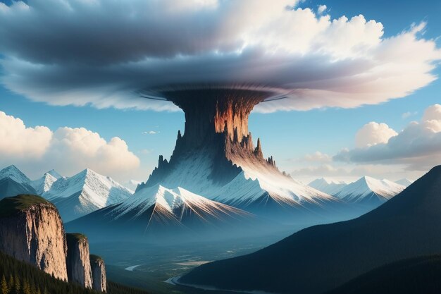 Foto berggipfel unter blauem himmel und weißen wolken, natürliche landschaft, hintergrundfotografie