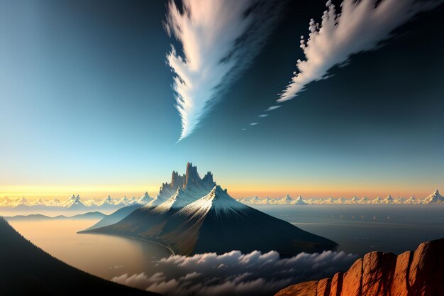 Berggipfel unter blauem Himmel und weißen Wolken, natürliche Landschaft, Hintergrundfotografie