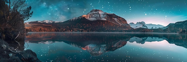 Foto berggipfel unter einem mit sternen gefüllten himmel, der sich in einem see widerspiegelt nachtwildlandschaft