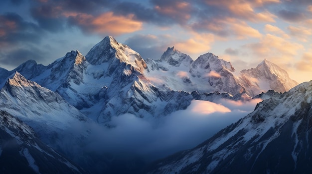 Berggipfellandschaft mit Schnee und Wolken bei Sonnenaufgang