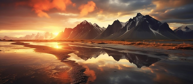 Bergkap bei Sonnenuntergang mit Reflexionen