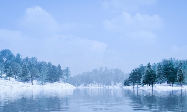 Bergkiefernwaldlandschaft Es gibt einen Fluss oder einen See Schnee bedeckt den Boden Der Morgen