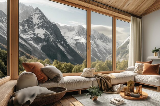 Foto berglandschaft außerhalb des fensters außenaussicht auf helle berge luxus-interieur