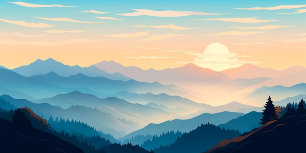 Berglandschaft bei Sonnenuntergang Generativer KI-Illustrator