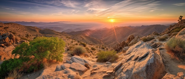 Berglandschaft bei SonnenuntergangLuftaufnahme Panoramaaufnahme Generative AI