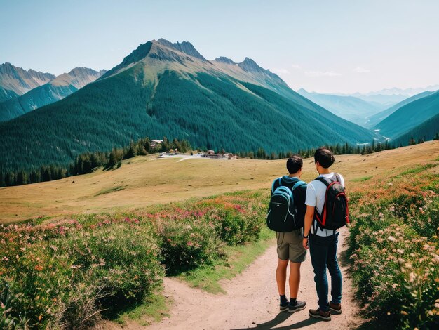 Berglandschaft Der Tourist steht mit dem Rücken zur Kamera