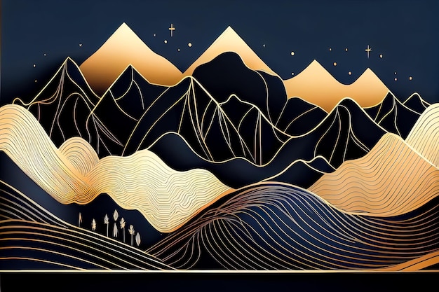 Berglandschaft hintergrund mit goldenen und schwarzen Ornamenten generative ai