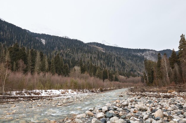 Berglandschaft im Winter, Fluss und felsiges Ufer, Berge und Wald im Hintergrund, runde Steine, kalt