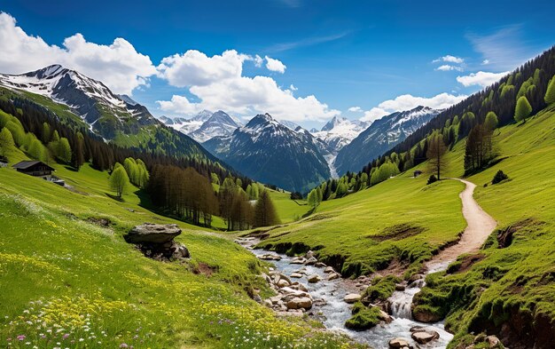 Berglandschaft in den Alpen mit blühenden Wiesen