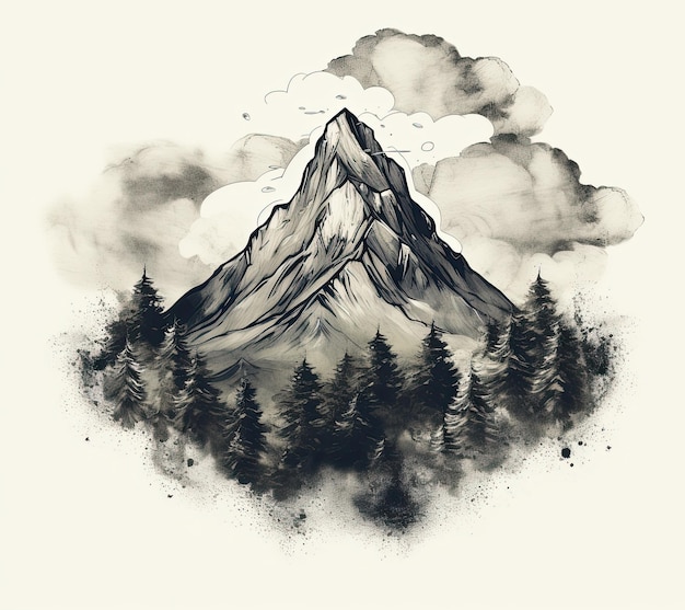 Berglandschaft in einem runden Rahmen Handgezeichnete Vektorillustration