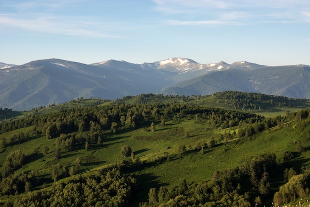 Berglandschaft. In einiger Entfernung sieht man den Schnee oben auf dem Berg.