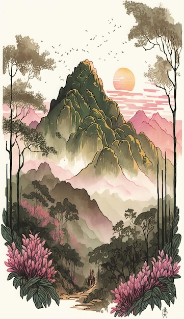 Berglandschaft in Thailand, gemalt im ikonischen Stil