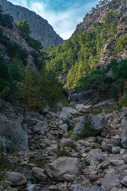 Berglandschaft mit einem Bach in einem felsigen Tal