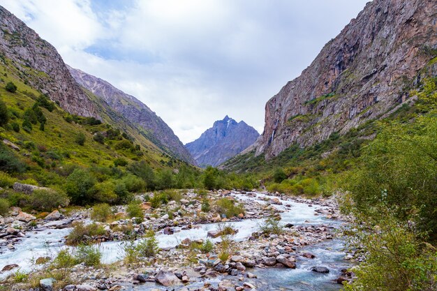 Berglandschaft mit einem Fluss und einem Wasserfall