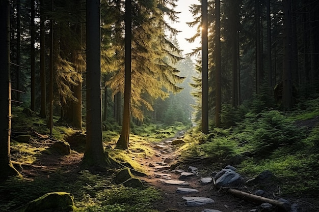 Berglandschaft mit einem Weg durch den Wald