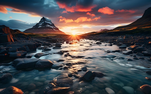 Berglandschaft mit Fluss bei Sonnenuntergang Dramatischer bewölkter Himmel