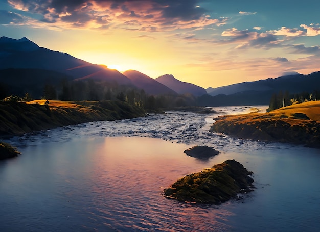 Berglandschaft mit Fluss und Sonnenuntergang