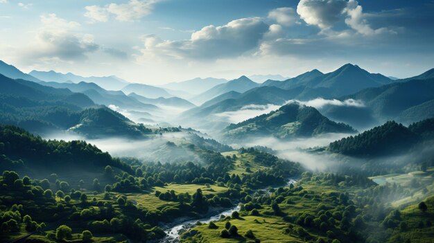 Berglandschaft mit Fluss und Wald im Nebel