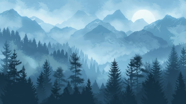 Berglandschaft mit Nebel und Wald Hintergrundillustration erzeugt von ai
