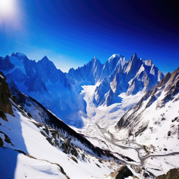 Berglandschaft mit Schnee und klarem blauen Himmel, Kaukasus, Georgien