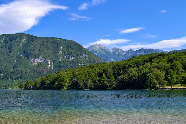 Berglandschaft, See und Gebirgszug - Bohinjer See, Slowenien, Alpen.