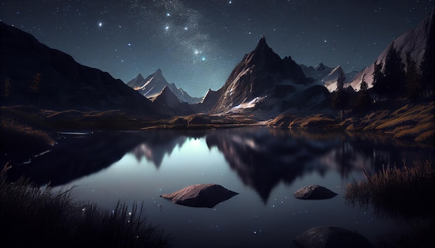 Berglandschaft und See bei Nacht Generative KI