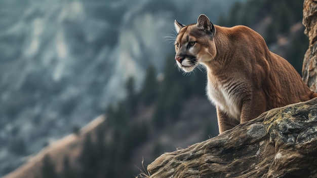 Berglöwe auf einer Klippe mit gebirgigem Hintergrund