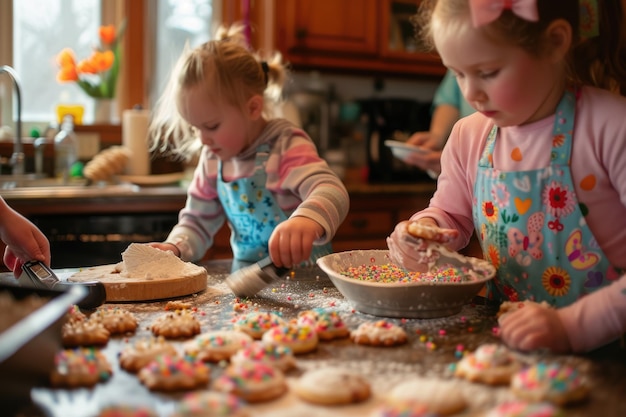 Überglückte junge Familie mit einer kleinen Tochter, die in der Küche Bäckerei macht