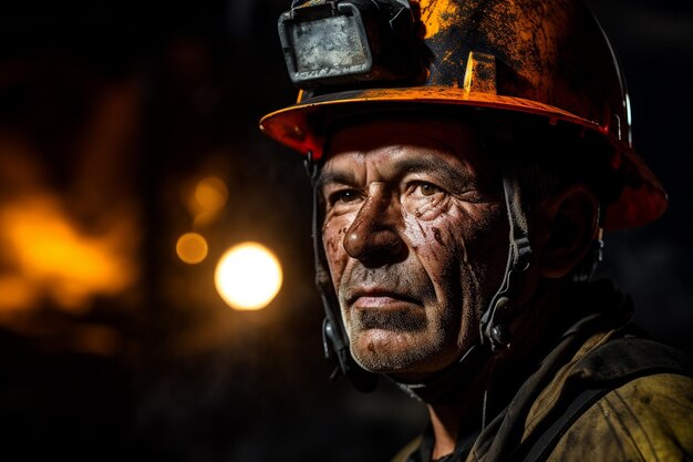 Bergmann trägt einen Schutzhelm und eine Stirnlampe, während er unter Tage in einer dunklen und gefährlichen Umgebung arbeitet