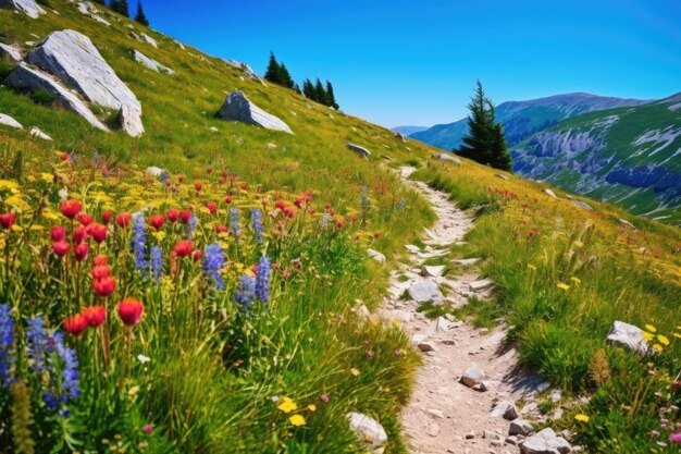 Bergpfad, der durch bunte Wildblumen führt