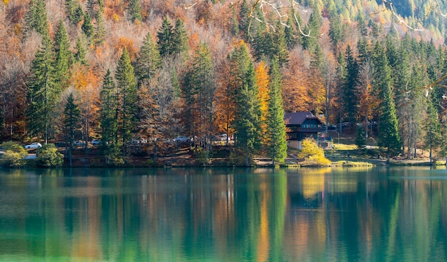 Bergsee, Herbstbäume und mächtige Berge im Sonnenlicht