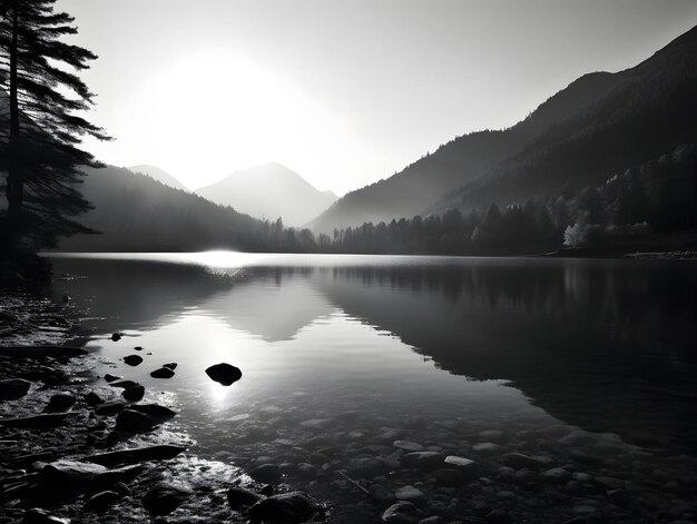 Bergsee-Landschaft monochrom