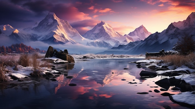 Bergsee mit perfekter Spiegelung bei Sonnenaufgang Fantastischer Abendpanorama-Herbstsonnenuntergang