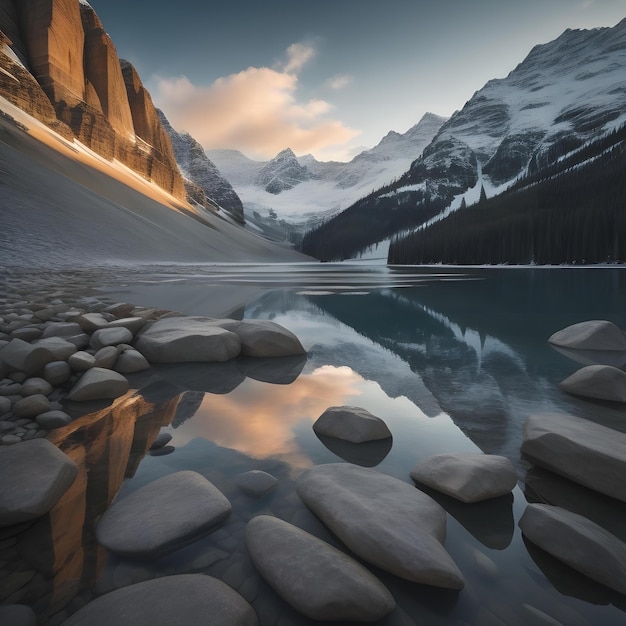 Bergsee mit Reflexion im Wasser bei Sonnenuntergang generativ ai