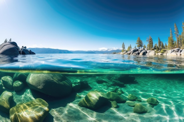 Bergsee-Panorama von Lake Tahoe, wunderschönes, kristallklares Wasser, KI-generiert