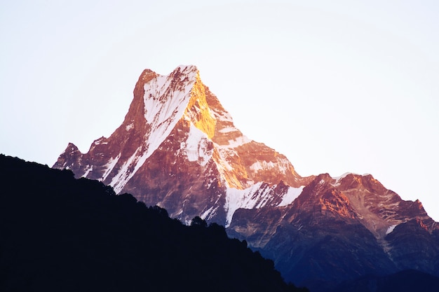 Bergspitze mit Morgenlicht auf Weiß