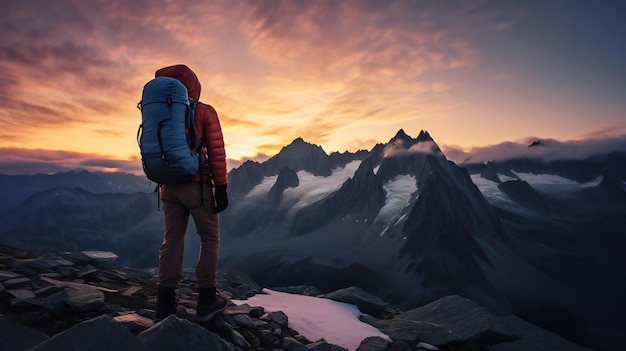 Bergsteiger bewundern den wunderschönen Sonnenuntergang in den Bergen