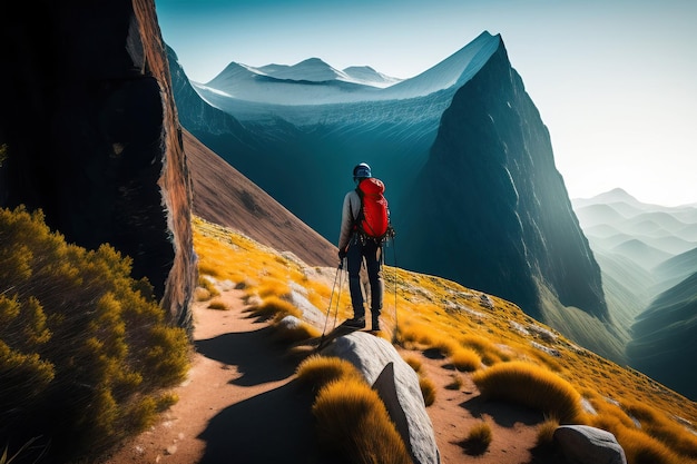 Bergsteiger blickt auf den Berg von hinten