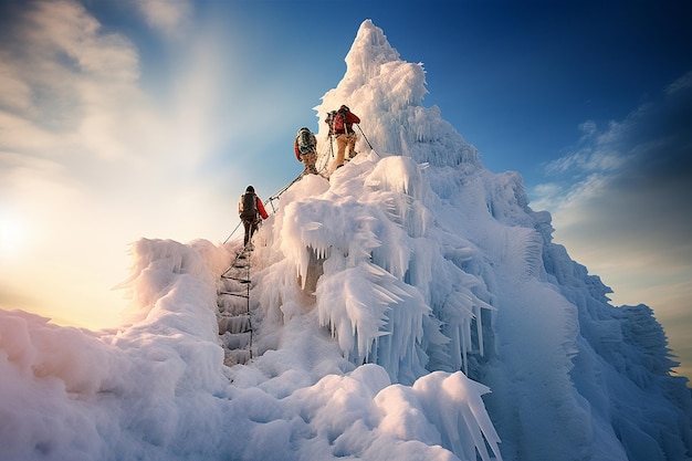 Bergsteiger navigieren auf einem verschneiten Bergrücken