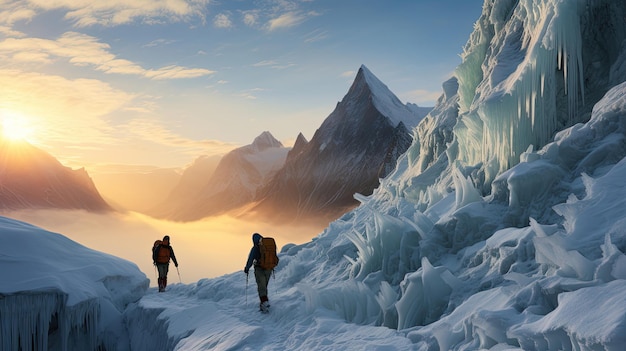 Bergsteiger navigieren steile Steigung in Gletscher geschnitzt Tal mit farbenfrohen Ausrüstung frische Bergluft